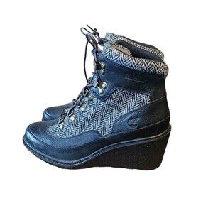 Timberland Earthkeepers 9 Ankle Boots Wedge Heels Black Leather Harris Tweed